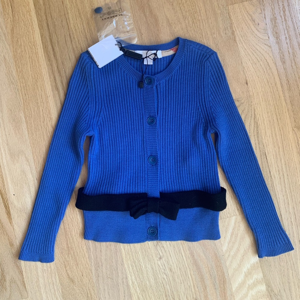 New Authentic Burberry Girl Sweater Cardigan Merino Wool  Sz 3-4T Blue Black Bow
